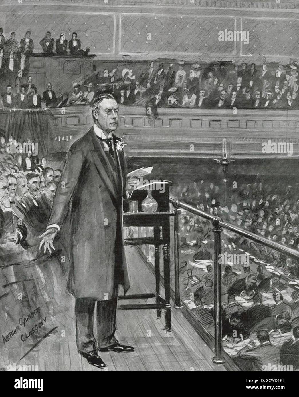 JOSEPH CHAMBERLAIN (1836-1914) englischer Staatsmann bei der Eröffnung der Fiskalkampagne in der St Andrews Hall, Glasgow. Stockfoto