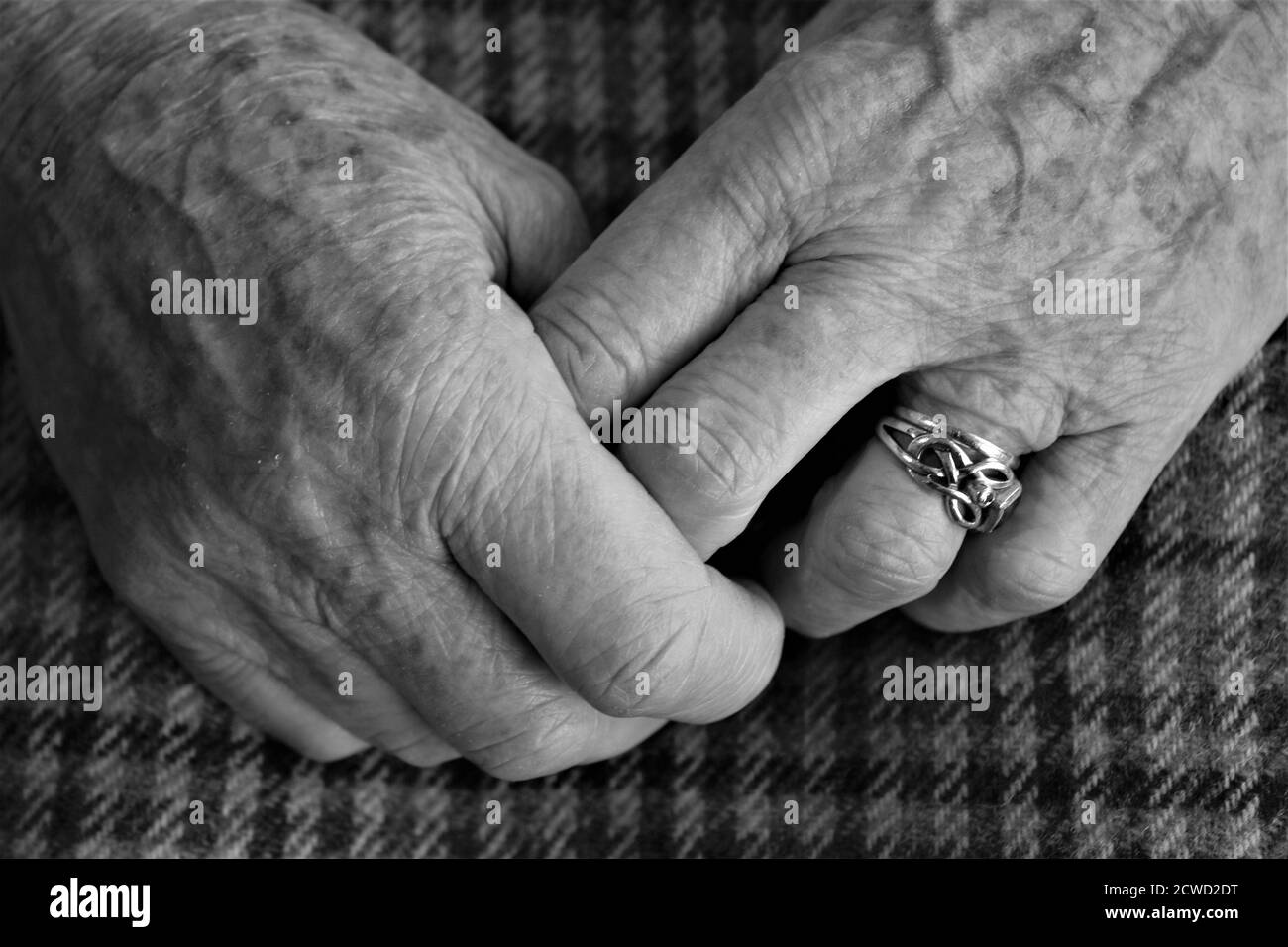 Nahaufnahme der alten Dame Hände geklammt zeigt Finger und Hochzeit und  Verlobungsring mit faltigen weiblichen Fleisch und braun Altersflecken  entspannt sitzen Stockfotografie - Alamy