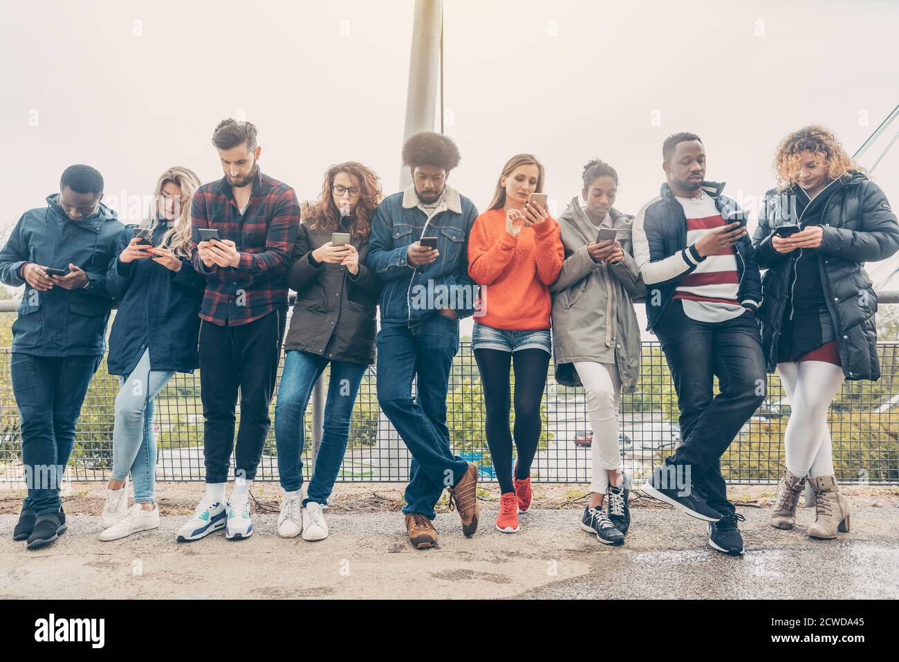 Eine Gruppe junger Leute starrte auf ihr Handy Stockfoto