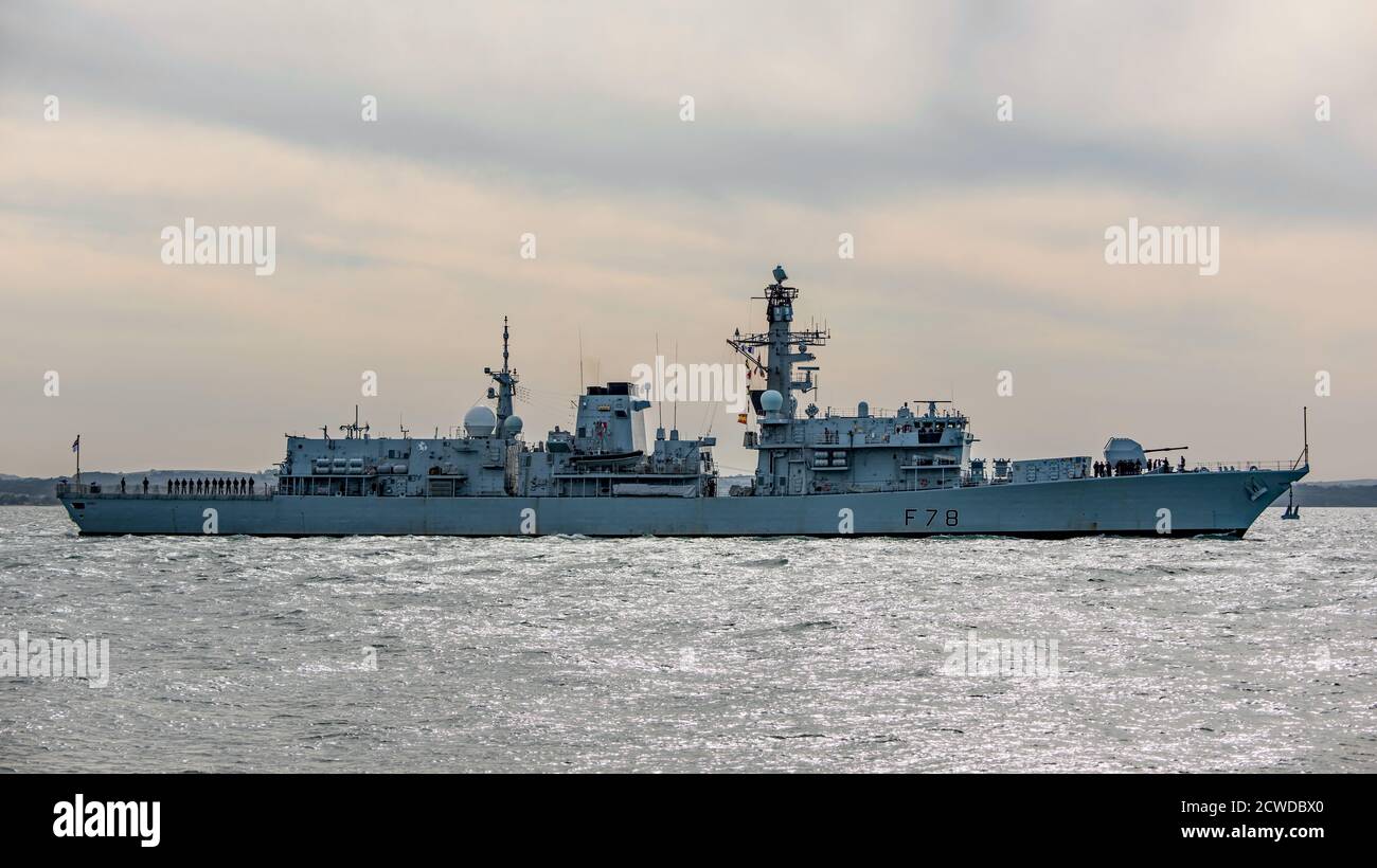 HMS Kent (F78) bei der Ankunft in Portsmouth, Großbritannien am 18. September 2020. Stockfoto