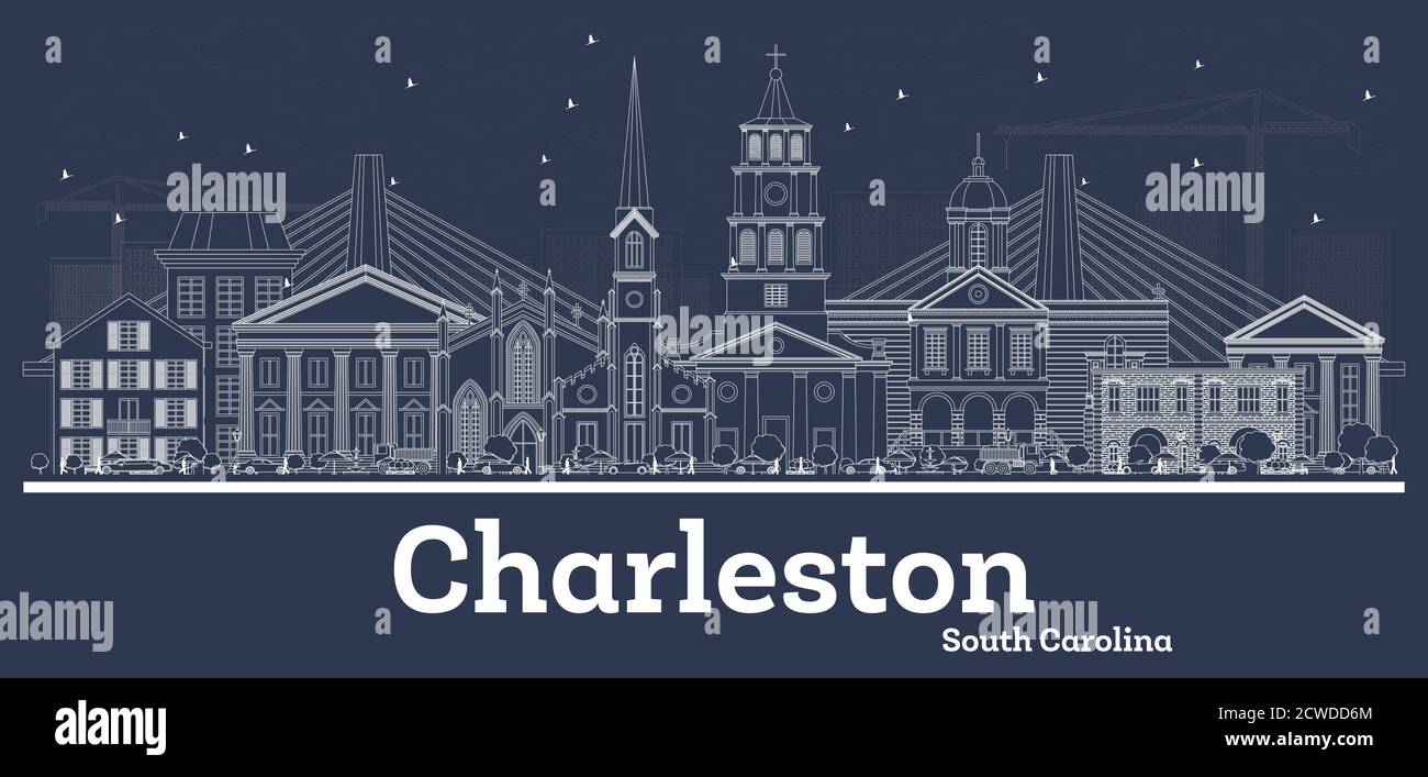Umreißen Sie die Skyline von Charleston, South Carolina, mit weißen Gebäuden. Vektorgrafik. Business Travel und Konzept mit historischer Architektur. Stock Vektor