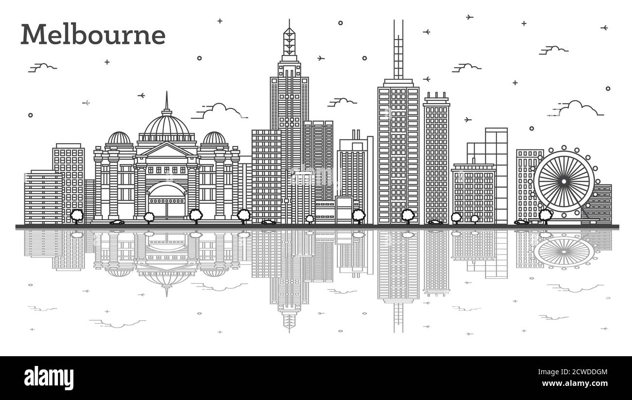 Umreißen Sie die Skyline von Melbourne Australia City mit modernen und historischen Gebäuden mit Reflektionen auf Weiß isoliert. Vektorgrafik. Stock Vektor