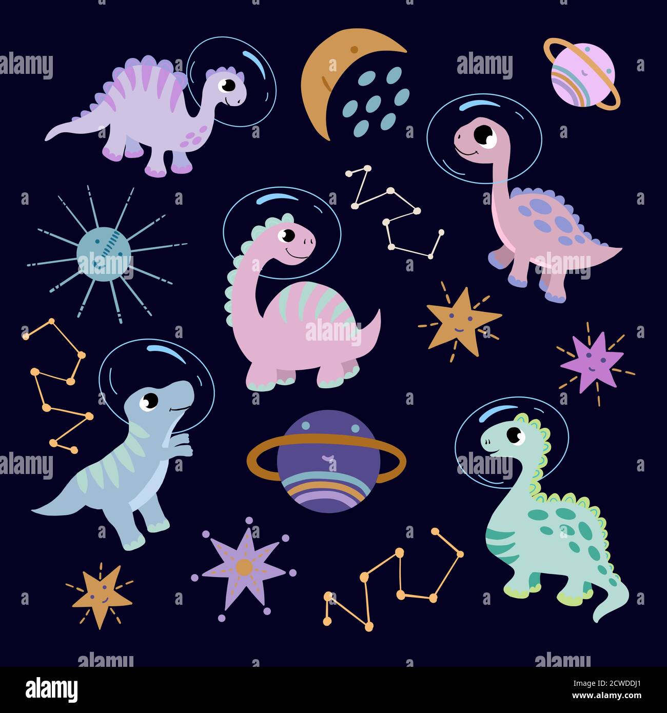 Set von hellen niedlichen Dinosaurier fliegen im Raum. Bild auf einem dunkelblauen Hintergrund, in Vektorgrafiken. Für die Gestaltung Postkarten, Plakate, Geschenkpapier Stock Vektor