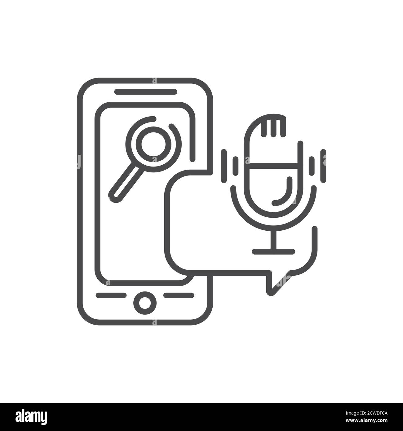 Sprachsuche mobile Anwendung in Smartphone schwarzen Linie Symbol. Piktogramm für Webseite, mobile App, Promo. UI UX GUI Design Element. Bearbeitbare Kontur Stock Vektor