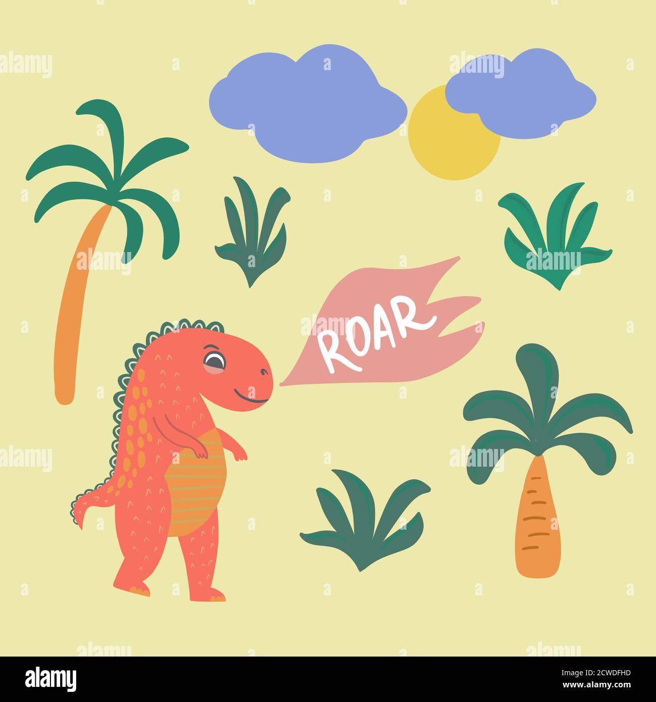 Bild von niedlichen, Cartoon-Dinosaurier auf einem gelben Hintergrund in Vektorgrafiken, flachen Stil. Für die Gestaltung von Postkarten, Plakaten, Drucken für Kinder Stock Vektor