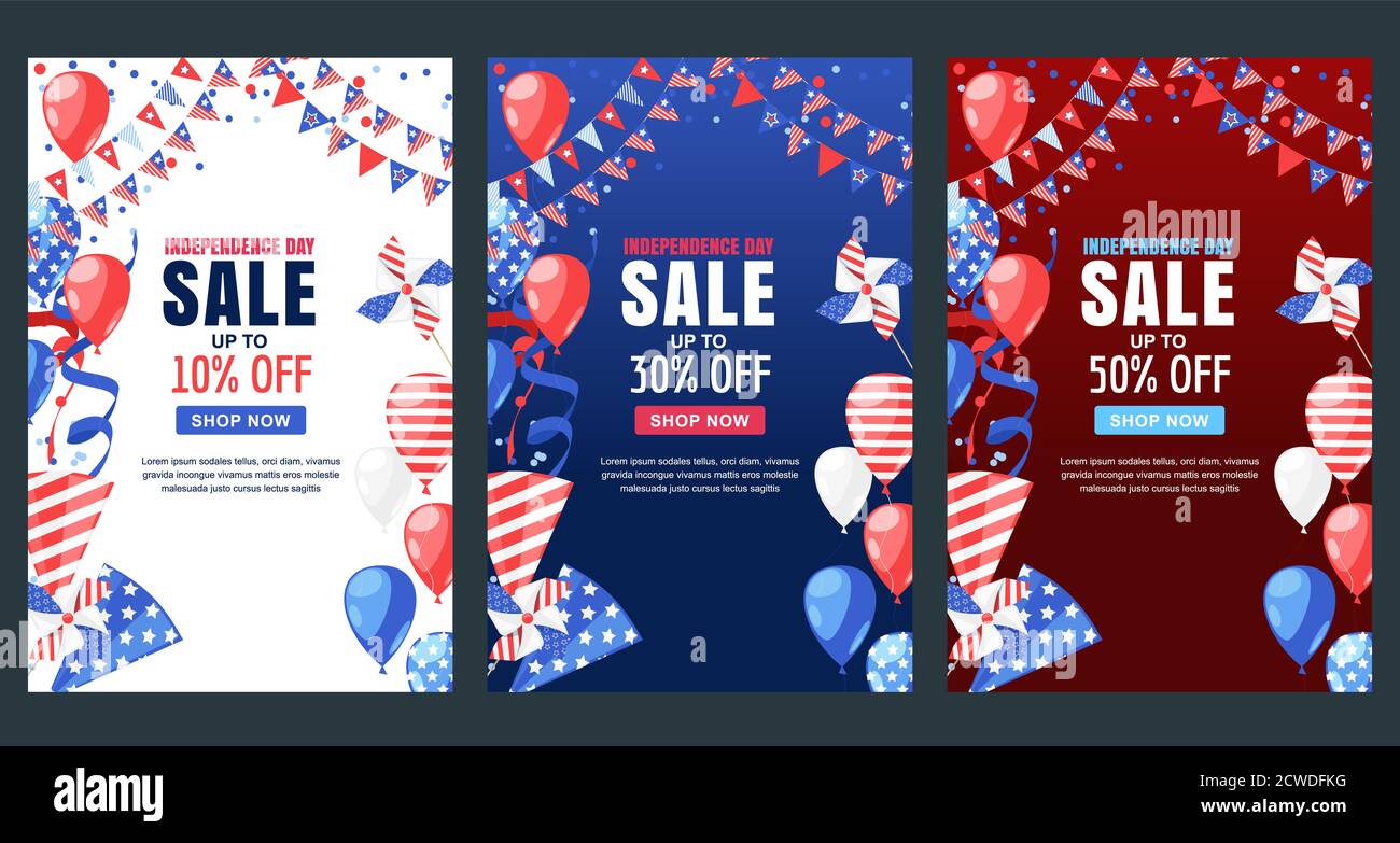 USA Independence Day. Satz von Vektor-Poster oder Verkauf Banner Vorlage. Urlaub weiß, rot und dunkelblau Hintergrund mit Flagge, Luftballons und Feuerwerk. Stock Vektor