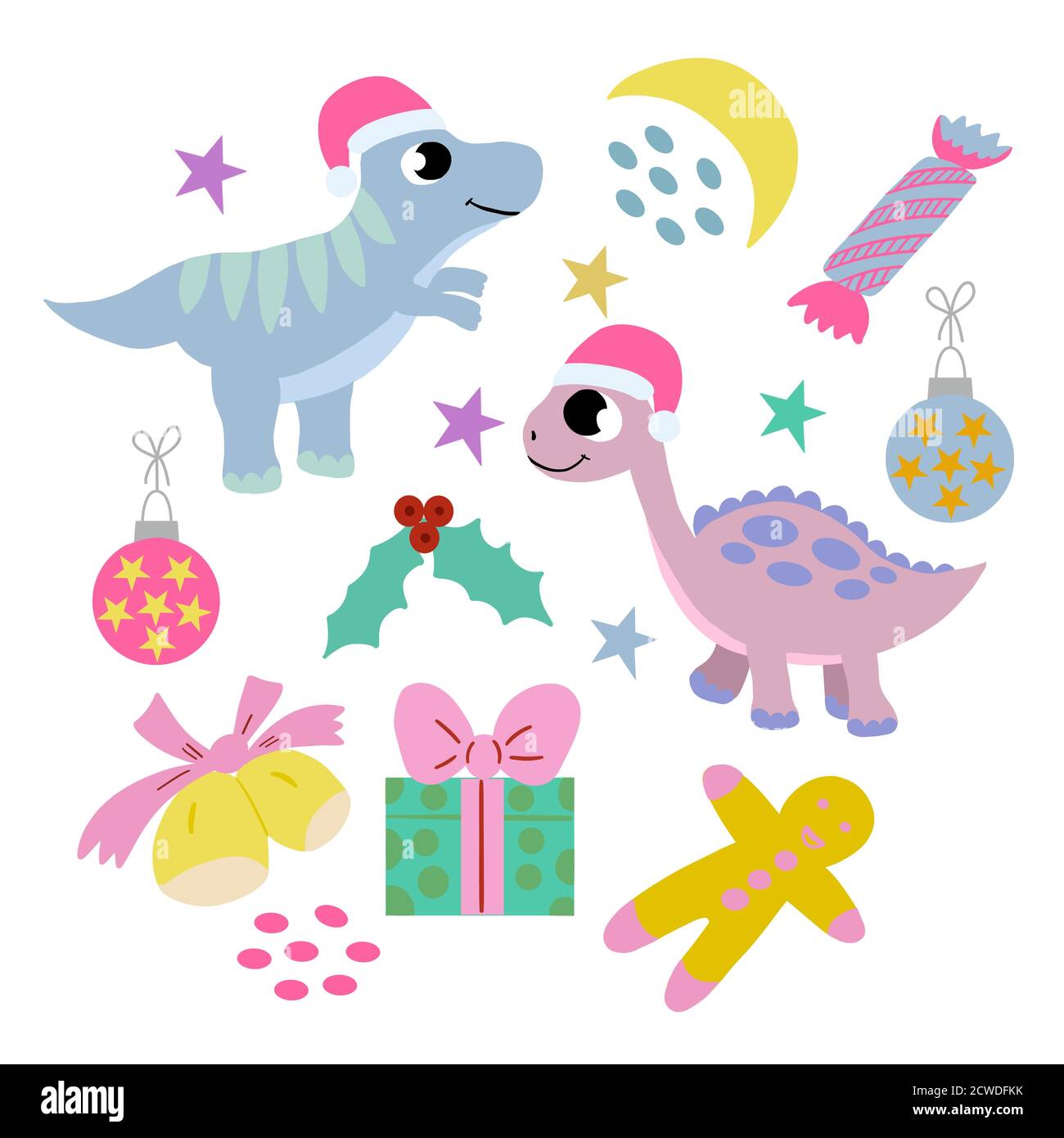 Set von Neujahr niedlichen Dinosaurier und Weihnachten Elemente auf weißem Hintergrund, in Vektorgrafik. Für die Gestaltung Postkarten, Plakate, Geschenkpapier, Cover Stock Vektor