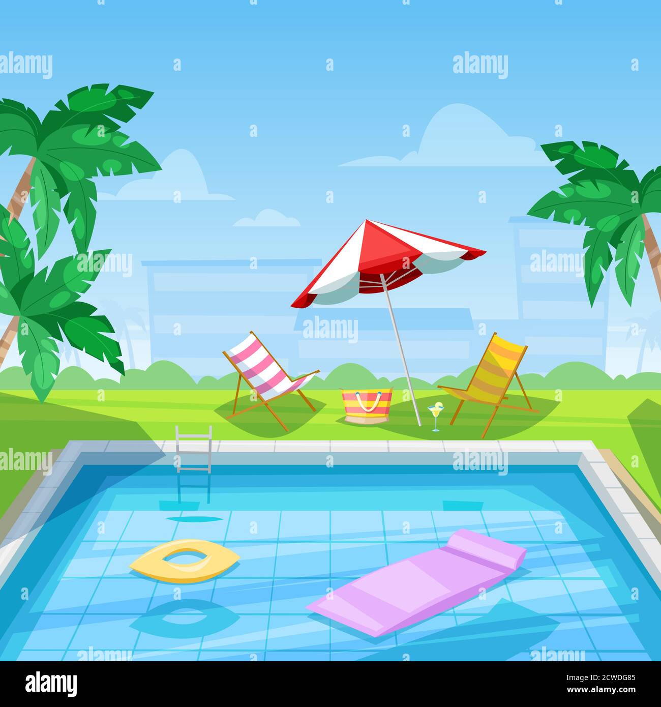 Hotel-Swimmingpool mit Chaiselongue und Sonnenschirm. Vektorgrafik. Konzept für Sommerreisen, Urlaub und Entspannung. Tropisches Resort Stock Vektor