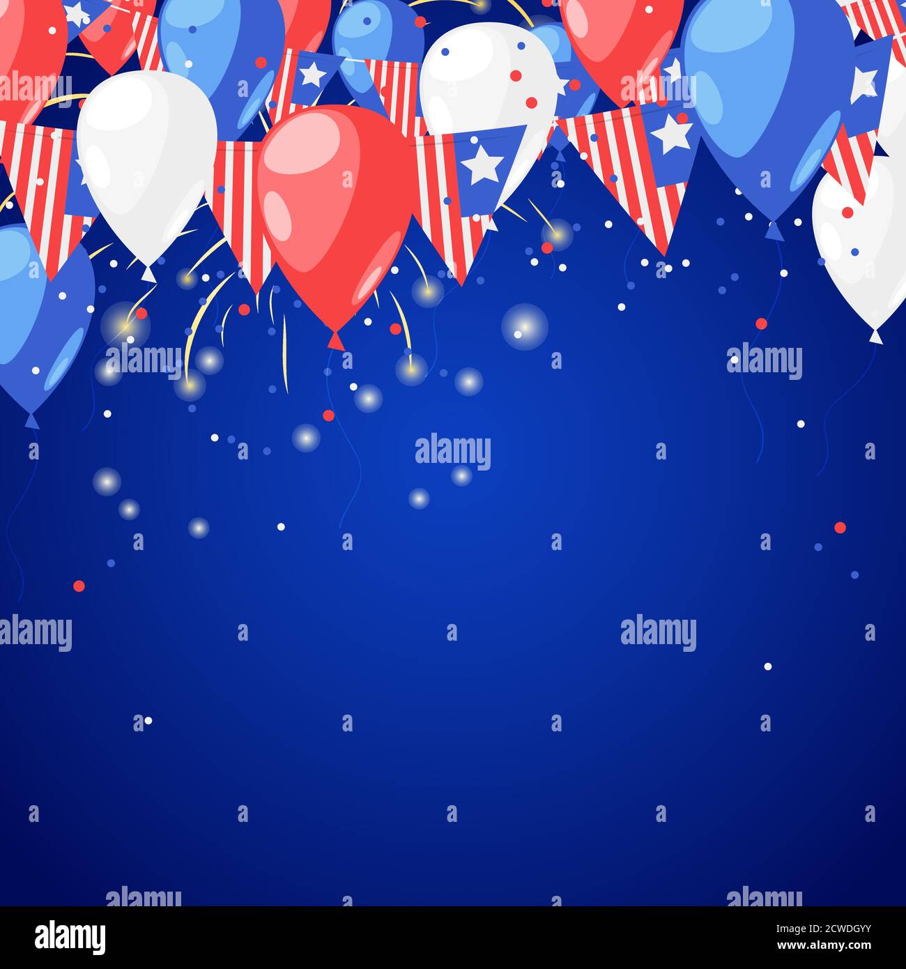 4. Juli USA Independence Day. Abstrakt Urlaub Feier Vektor blauen Hintergrund. Feuerwerk und Luftballons Illustration. Stock Vektor