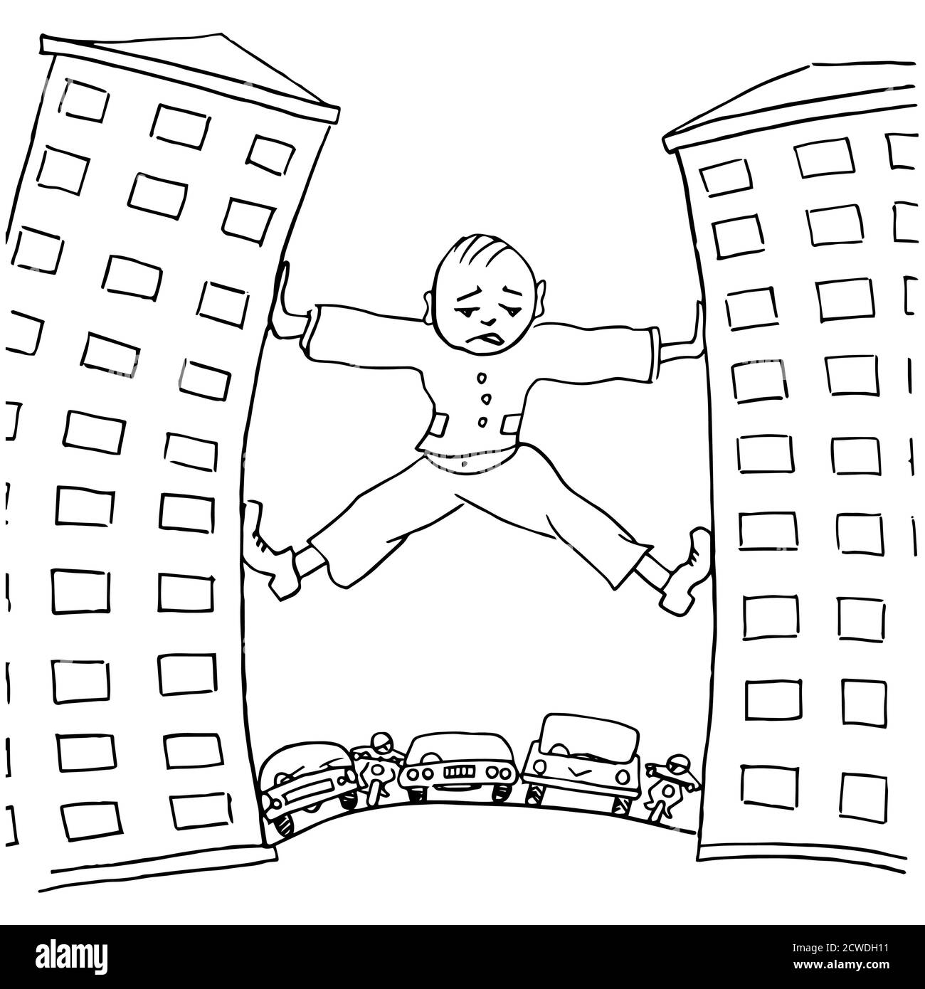 Traurige Mann, der versucht, Haus, dem städtischen Verkehr verhindern zu  bewegen. Bleistift Zeichnung Stock-Vektorgrafik - Alamy