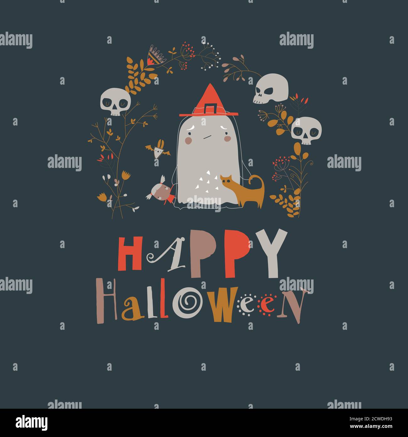 Cartoon niedlichen kleinen halloween Geist in Kranz mit Totenköpfen Stock Vektor