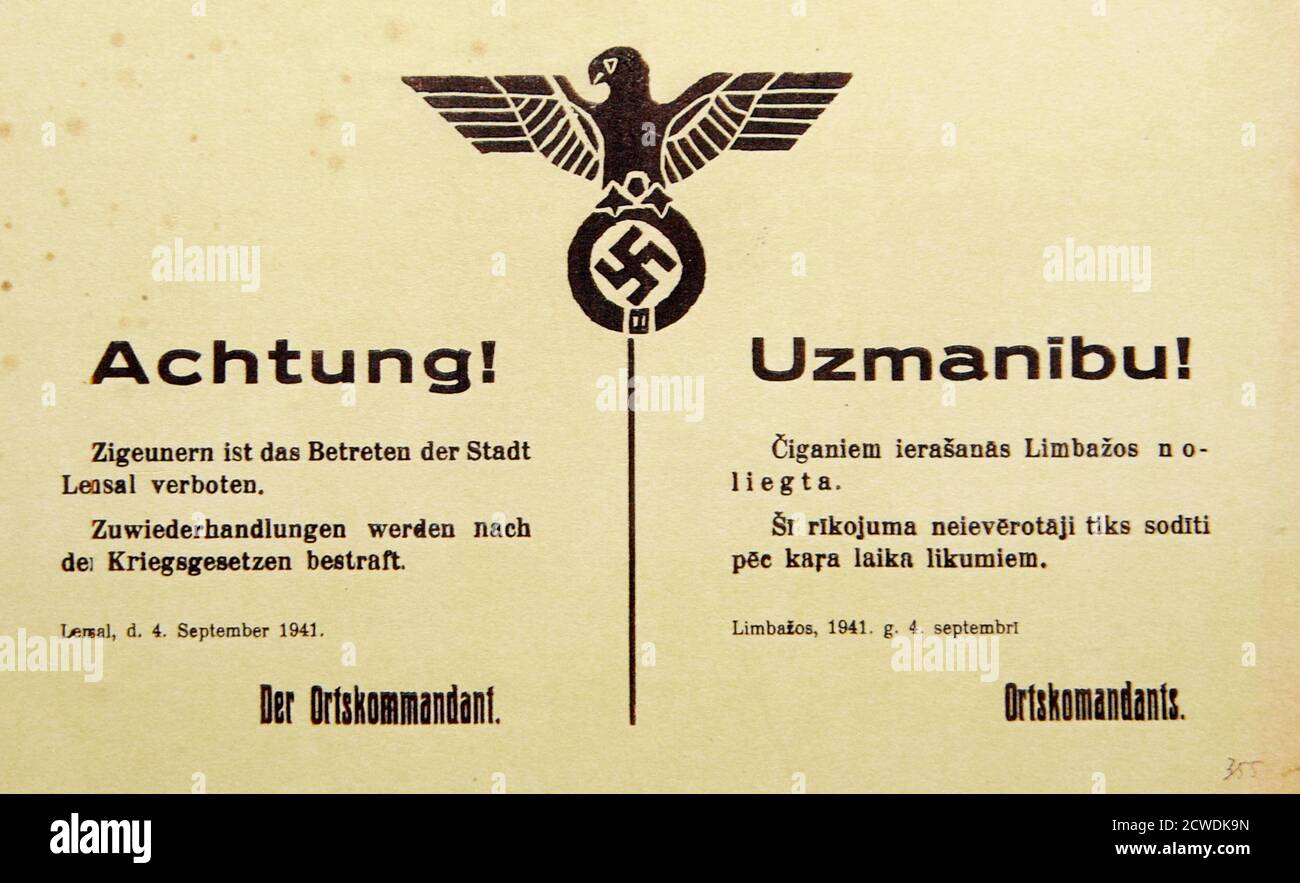 Befehl des Kommandanten der Stadt Limbazi - Zigeuner sind nicht erlaubt in der Stadt - 4 Juli 1941 Stockfoto