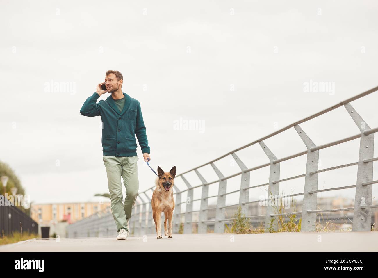 Junger Mann, der mit seinem Hund die Straße entlang läuft und Sprechen auf dem Handy Stockfoto