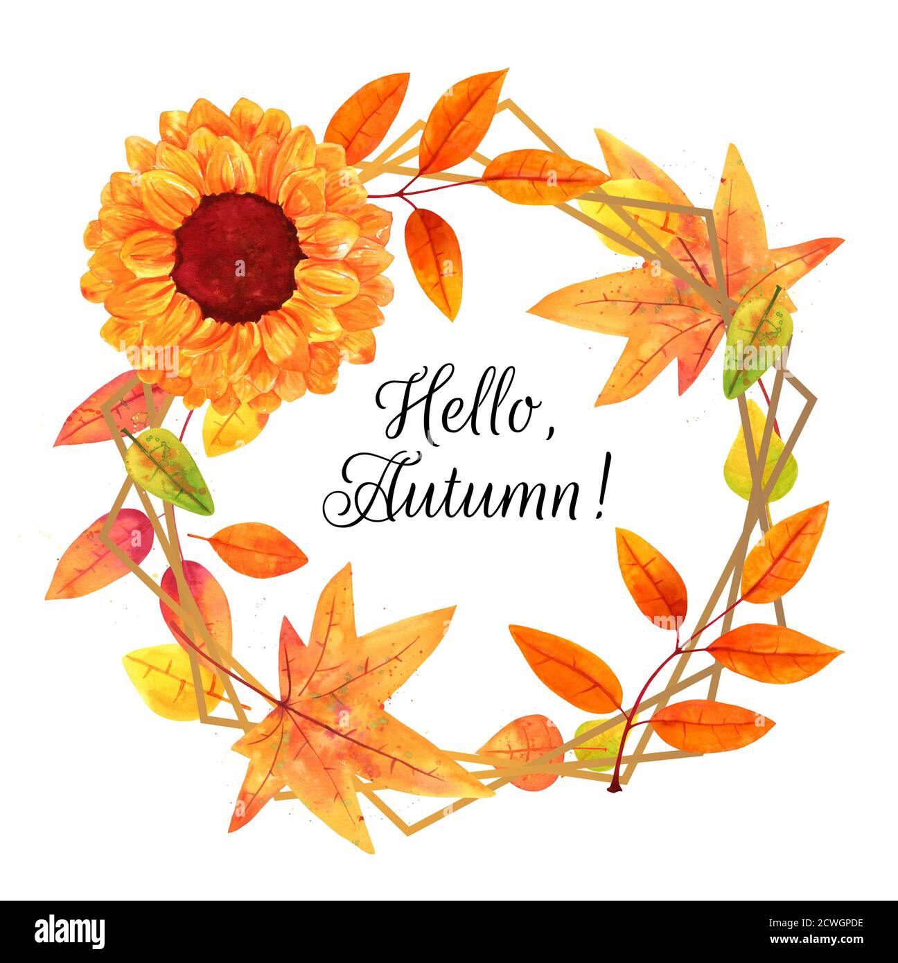 Hallo, Herbst Aquarell Herbstkranz mit Herbstblättern und einer Sonnenblume, auf weißem Hintergrund Stockfoto