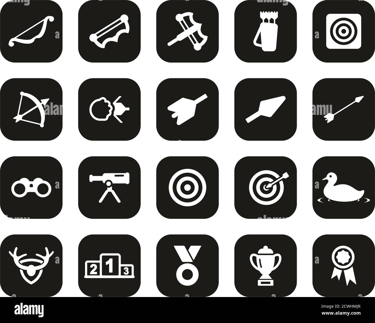 Bogenschießen Sport Oder Bogenschießen Leisure Icons Weiß Auf Schwarz Flat Design Set Groß Stock Vektor