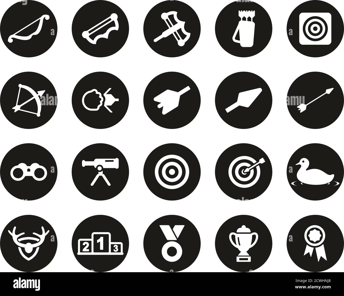 Bogenschießen Sport Oder Bogenschießen Leisure Icons Weiß Auf Schwarz Flat Design Kreis Set Groß Stock Vektor