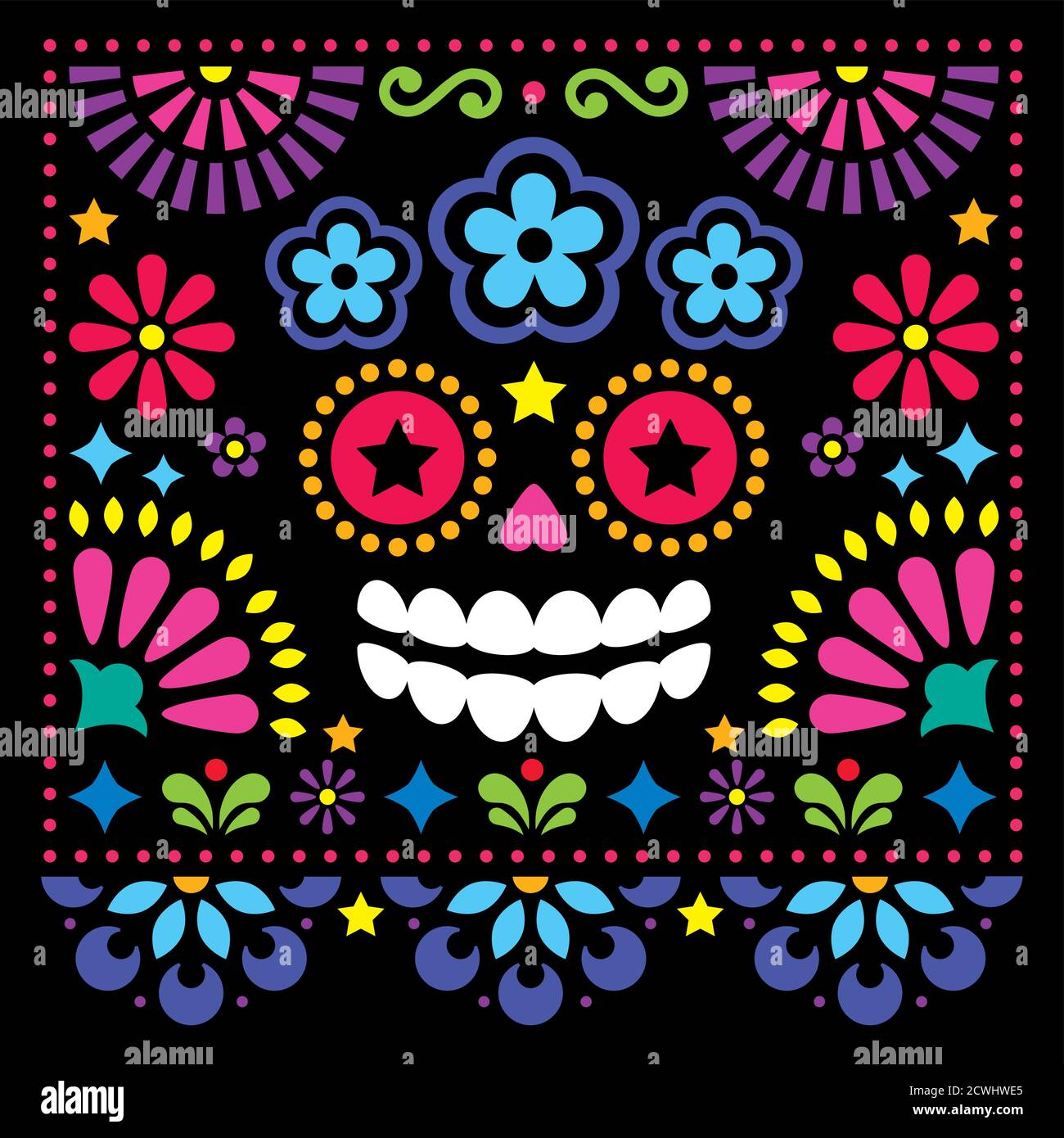 Mexikanische Volkskunst Vektor Volkskunst Design mit Zucker Totenkopf und Blumen, bunte Halloween und Tag der Toten Grußkarte auf schwarz Stock Vektor