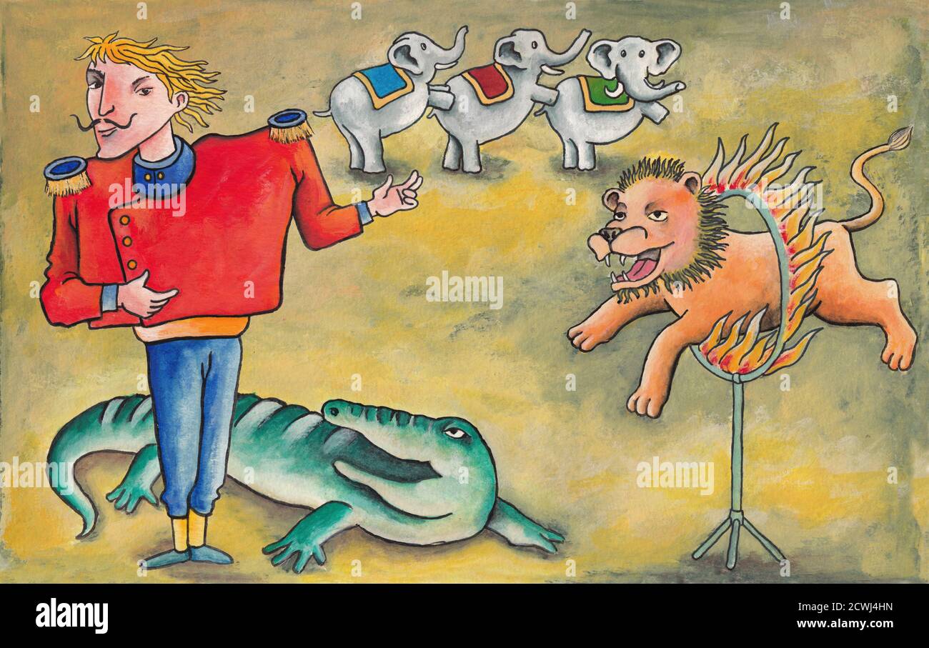 Ein Tamer tritt im Zirkus auf. Ein Löwe geht durch einen Feuerring, drei Elefanten gehen auf zwei Beinen und ein Krokodil. Abbildung mit Acryl gemacht Stockfoto