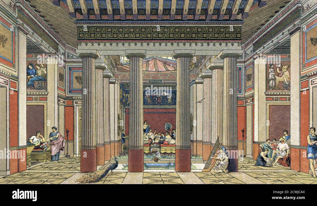 Das Innere des Hauses eines reichen Menschen im antiken Griechenland. Nach einem Werk des Lithografen Friedrich Gustave Nordmann aus dem späten 19. Jahrhundert. Stockfoto