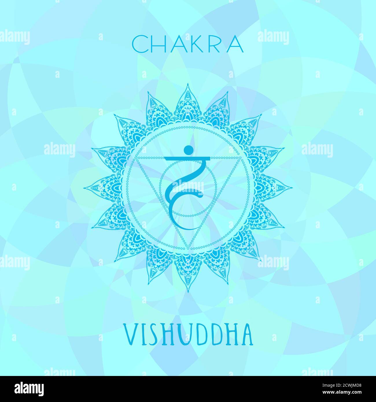 Vektor-Illustration mit Symbol Chakra Vishuddha auf abstraktem Hintergrund. Kreis-Mandala-Muster und handgezeichnete Schriftzüge. Mehrfarbig. Stock Vektor