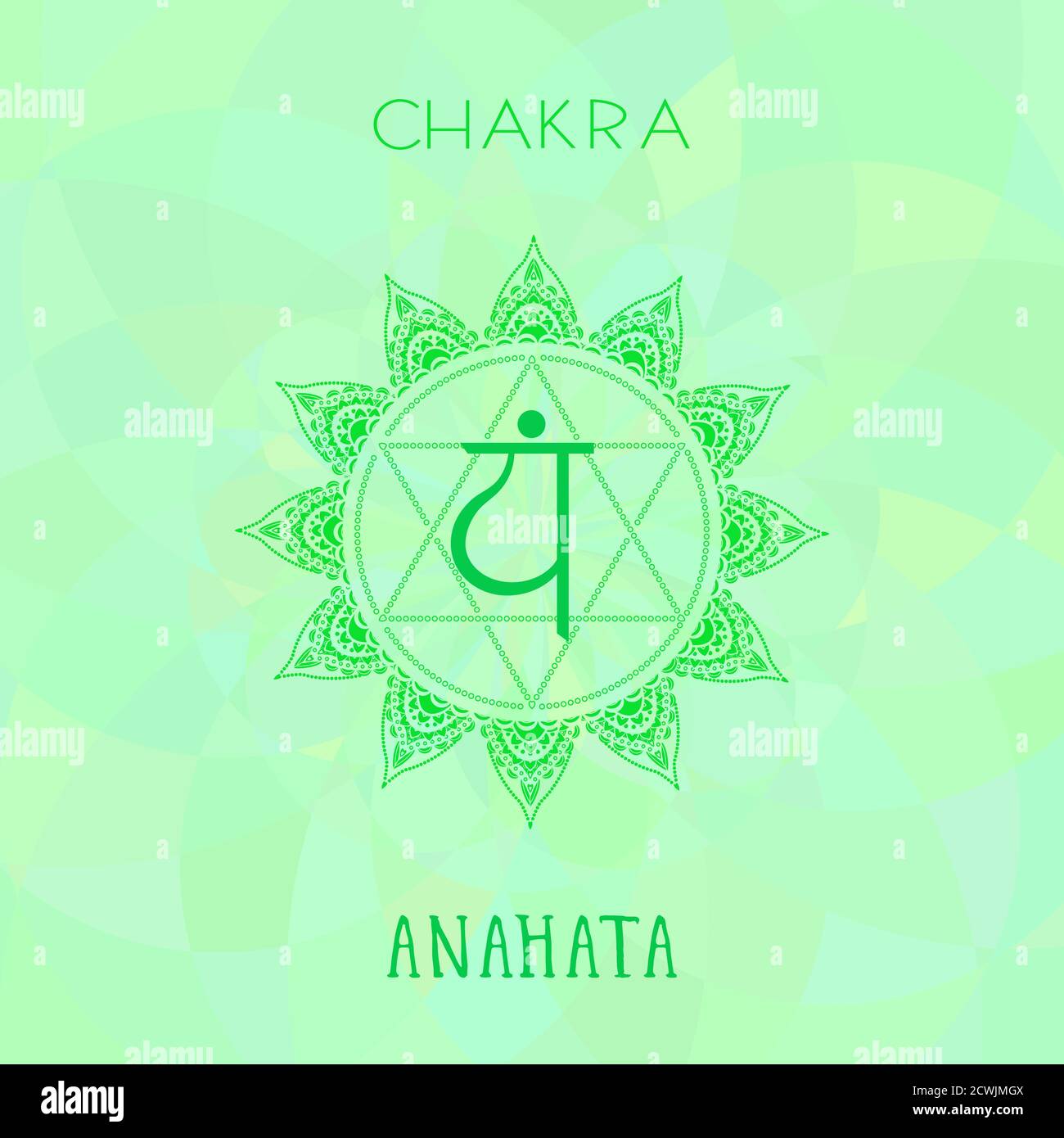 Vektor-Illustration mit Symbol Chakra Anahata auf abstraktem Hintergrund. Kreis-Mandala-Muster und handgezeichnete Schriftzüge. Mehrfarbig. Stock Vektor