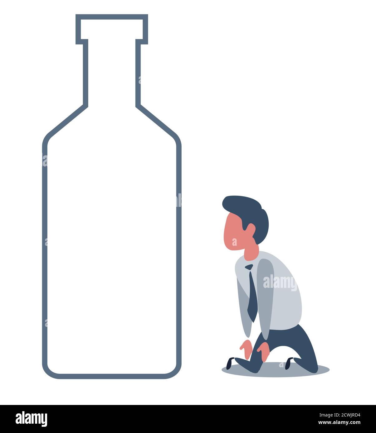 Kranker betrunkener Mann auf den Knien neben der Flasche Wein. Konzept flache Vektor Illustration der Alkoholabhängigkeit. Stock Vektor