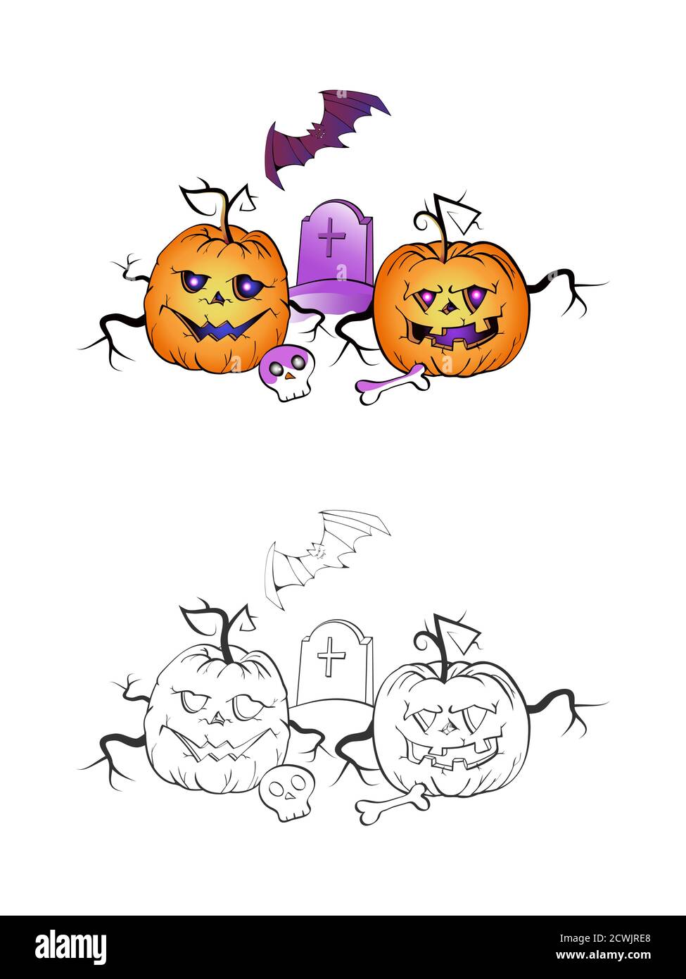 Halloween-Illustration mit lächelnden Kürbissen, Fledermausgrab auf weißem Hintergrund. Zwei Varianten: Farbe und monochrom. Seite des Malbuches. Vektor. Stock Vektor