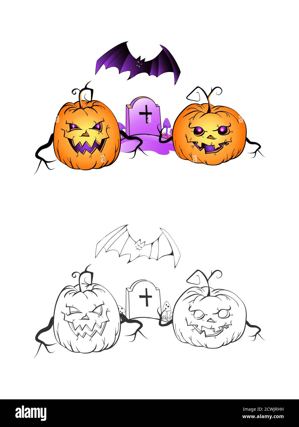 Halloween Illustration mit lächelnden Kürbissen, Fledermaus und Grab auf weißem Hintergrund. Zwei Varianten: Farbe und monochrom. Seite des Malbuches. Vektor. Stock Vektor