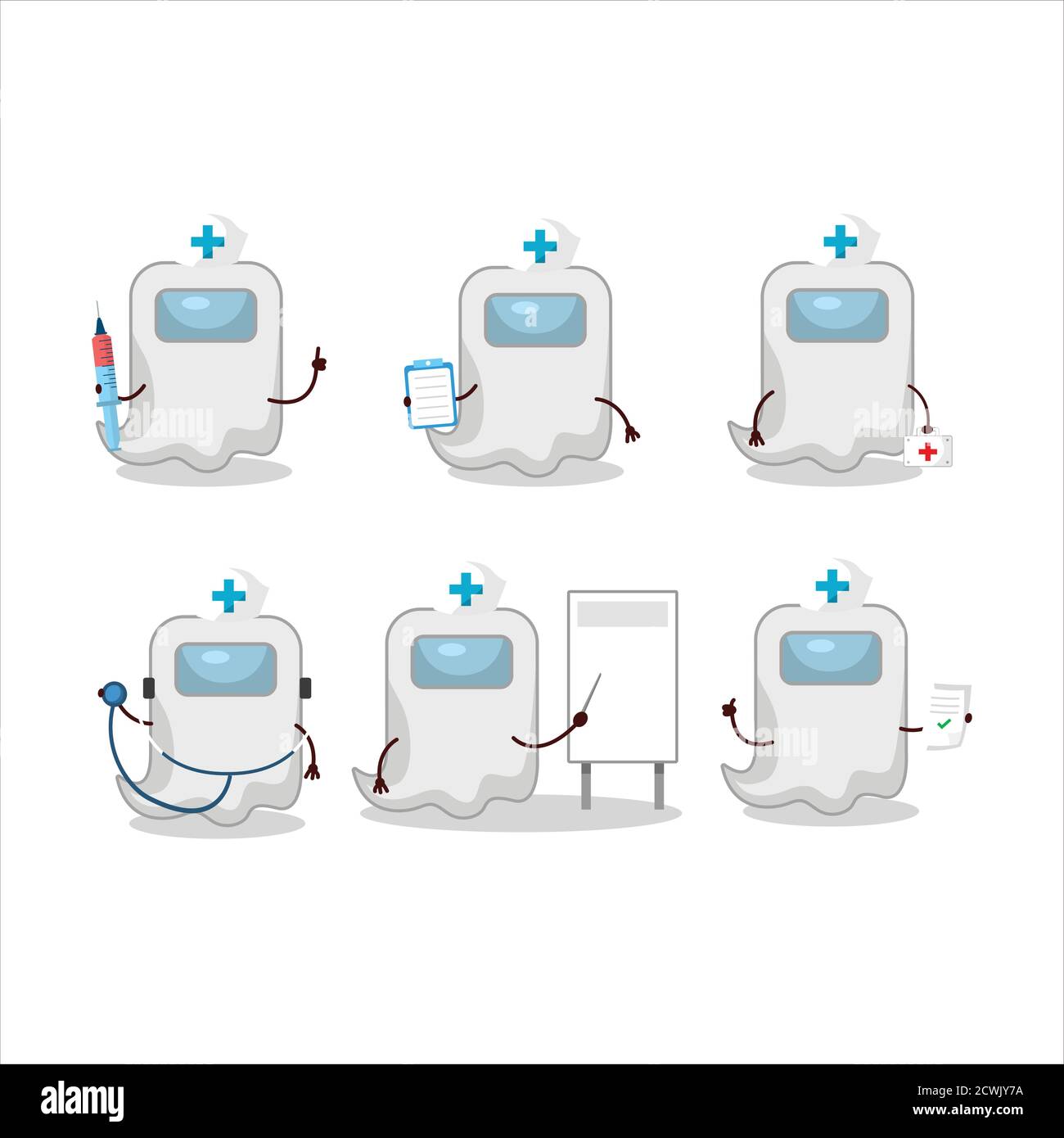 Arzt Beruf Emoticon mit Geist unter uns weißen Zeichentrickfigur Stock Vektor