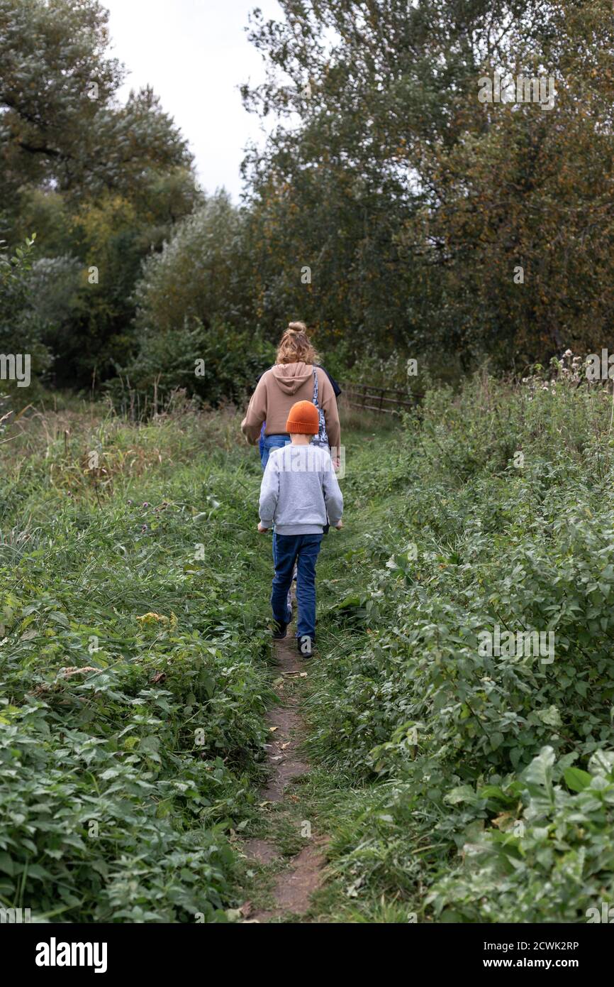 Die Menschen gehen den Waldweg entlang Stockfoto