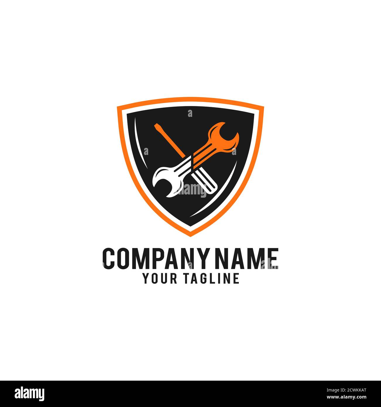 Shield Repair Logo Template Design. Creative Vector Emblem, für Icon oder Design Concept. Stock Vektor