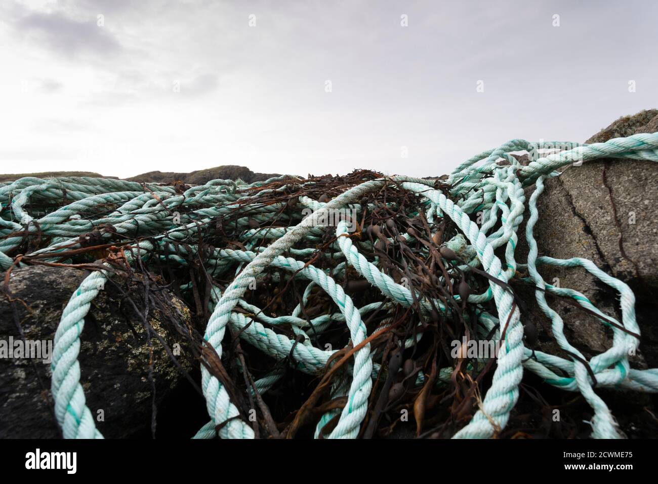 Schutt aus der Fischindustrie, der auf Felsen, Nylon- und Kunststoffseilen und -Netzen aufgespült wird, ist ein großes Problem an allen Küsten des Planeten Stockfoto