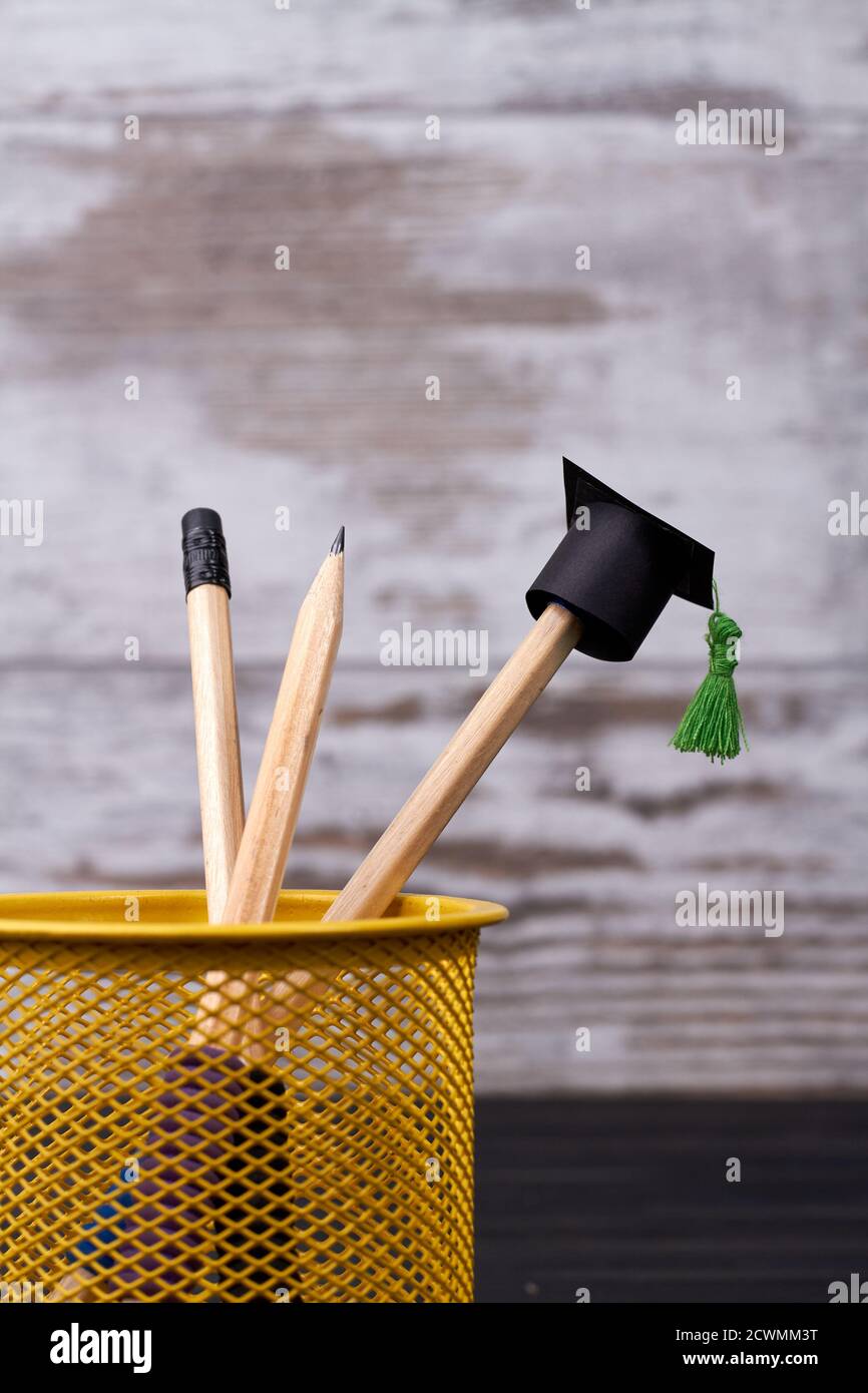 Bleistifte im gelben Stifthalter. Stockfoto
