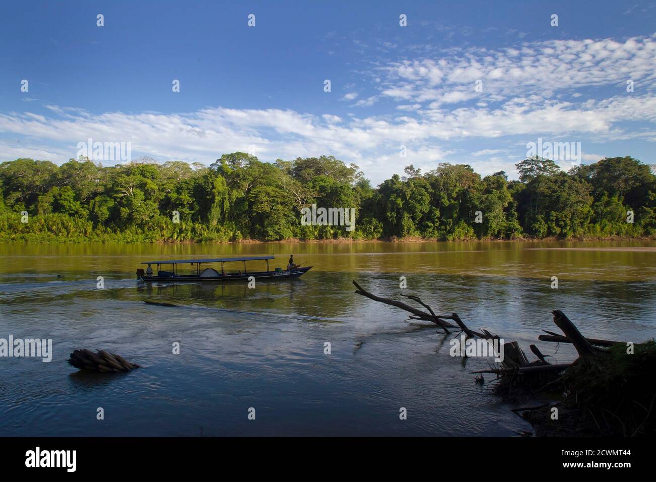 Ein Boot navigiert durch den Manu River in den Manu Nationalpark im  südlichen Amazonasgebiet Perus Madre De Dios 17. Juli 2014. Diese Reserve  1,8 Millionen Hektar ist der größte Nationalpark in Peru