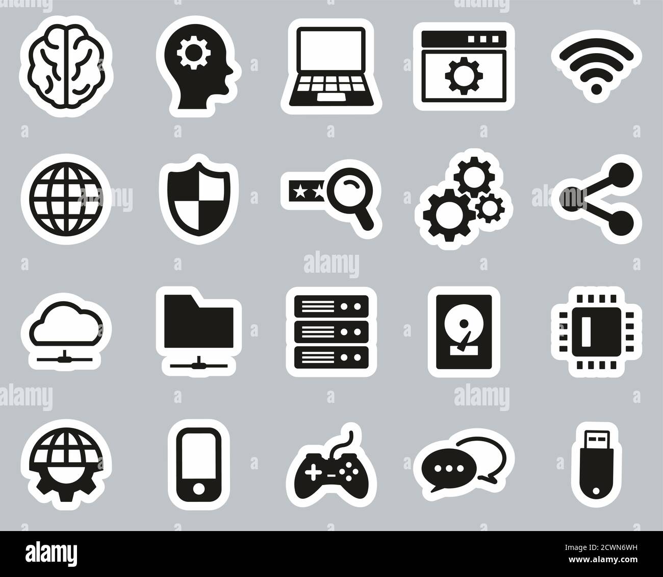 Künstliche Intelligenz Icons Schwarz & Weiß Sticker Set Groß Stock Vektor