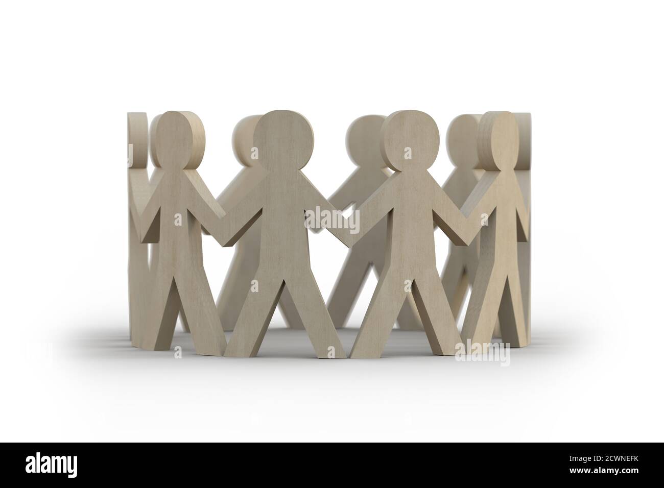 Hölzerne Figuren von Menschen im Kreis, die Hände halten und auf weißem Hintergrund stehen. Das Konzept eines sozialen Netzwerks, eines Geschäfts oder anderer Beziehungen. Stockfoto