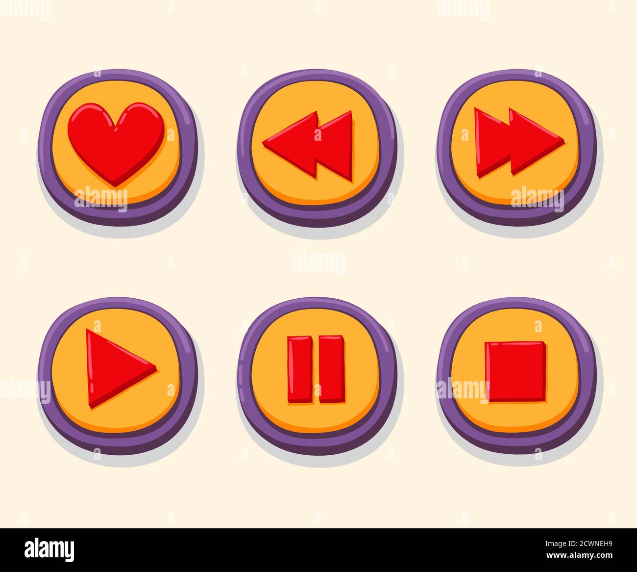 Handgezeichnete 3d-Webtasten für den Player. Wie, zurückspulen, spielen, Pause, stoppen. internet-Taste setzen Farbe Vektor Illustration Stock Vektor