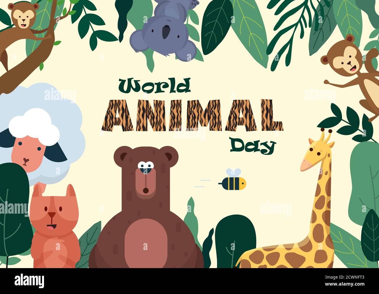 World Animal Day Poster mit niedlichen Illustrationen von Tieren wie Koala, Giraffe, Schaf, Affe, etc, Vektor Stock Vektor