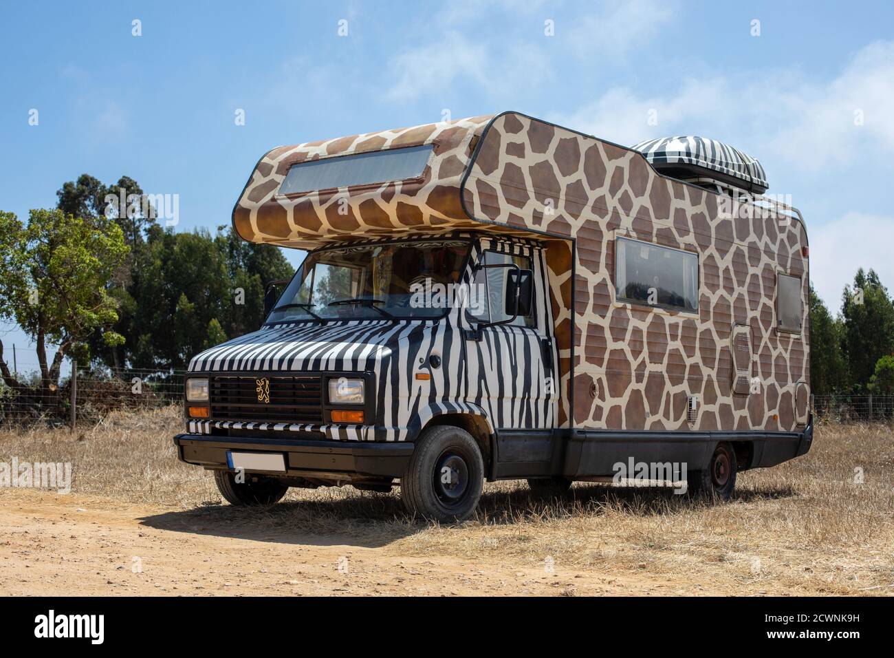 Wohnmobil bemalt mit Zebra und Giraffen Streifenmuster. Stockfoto