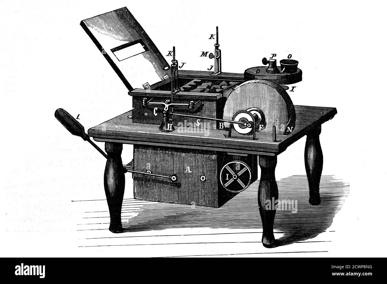 Wirtschaftliche Maschine erfunden von Bristol aus Michigan, USA, um Küchengeräte zu reinigen.Antike Illustration. 1865. Stockfoto