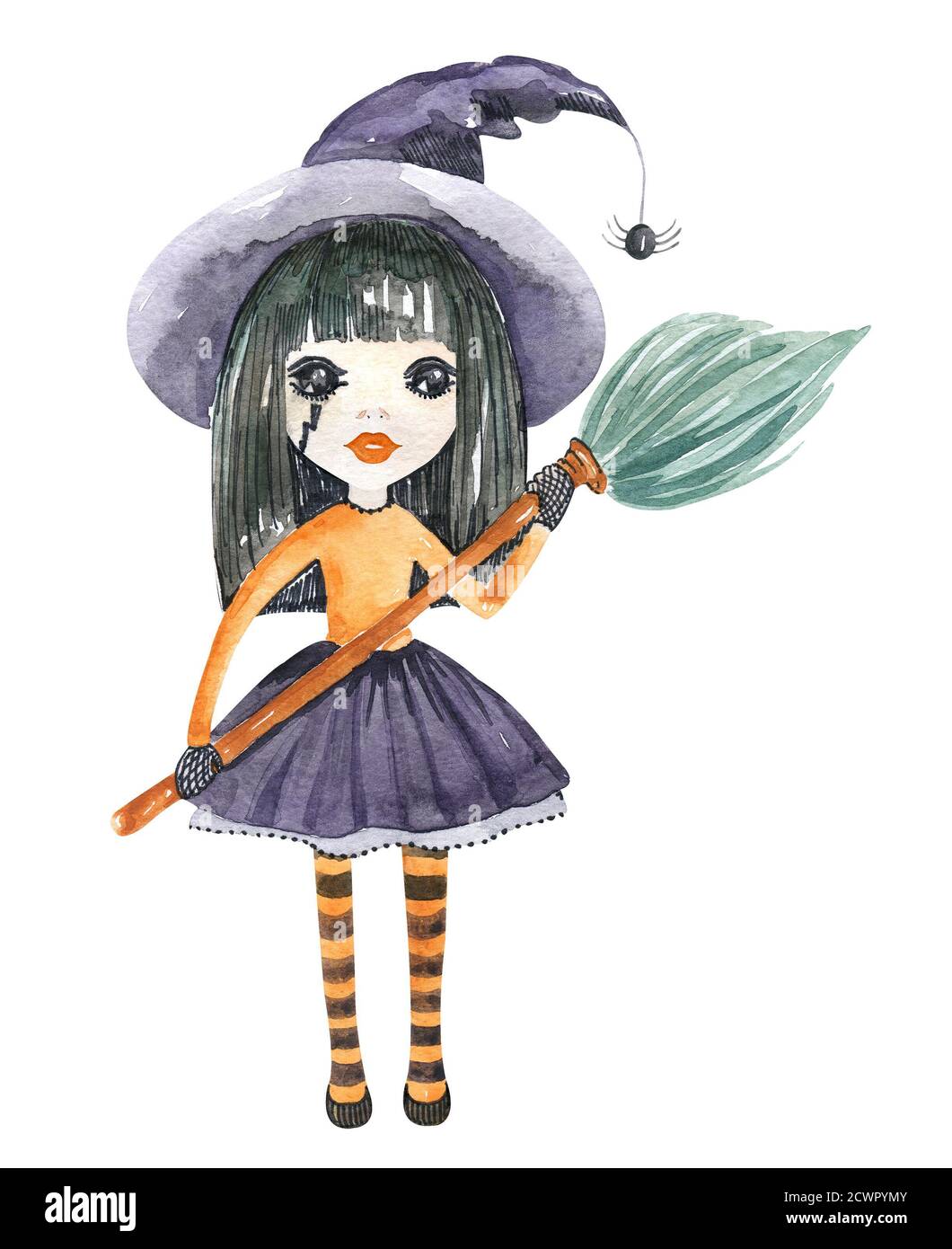Der Halloween Charakter ist eine Hexe in einem Hut mit Besen. Aquarell handbemaltes Cartoon-Element Stockfoto