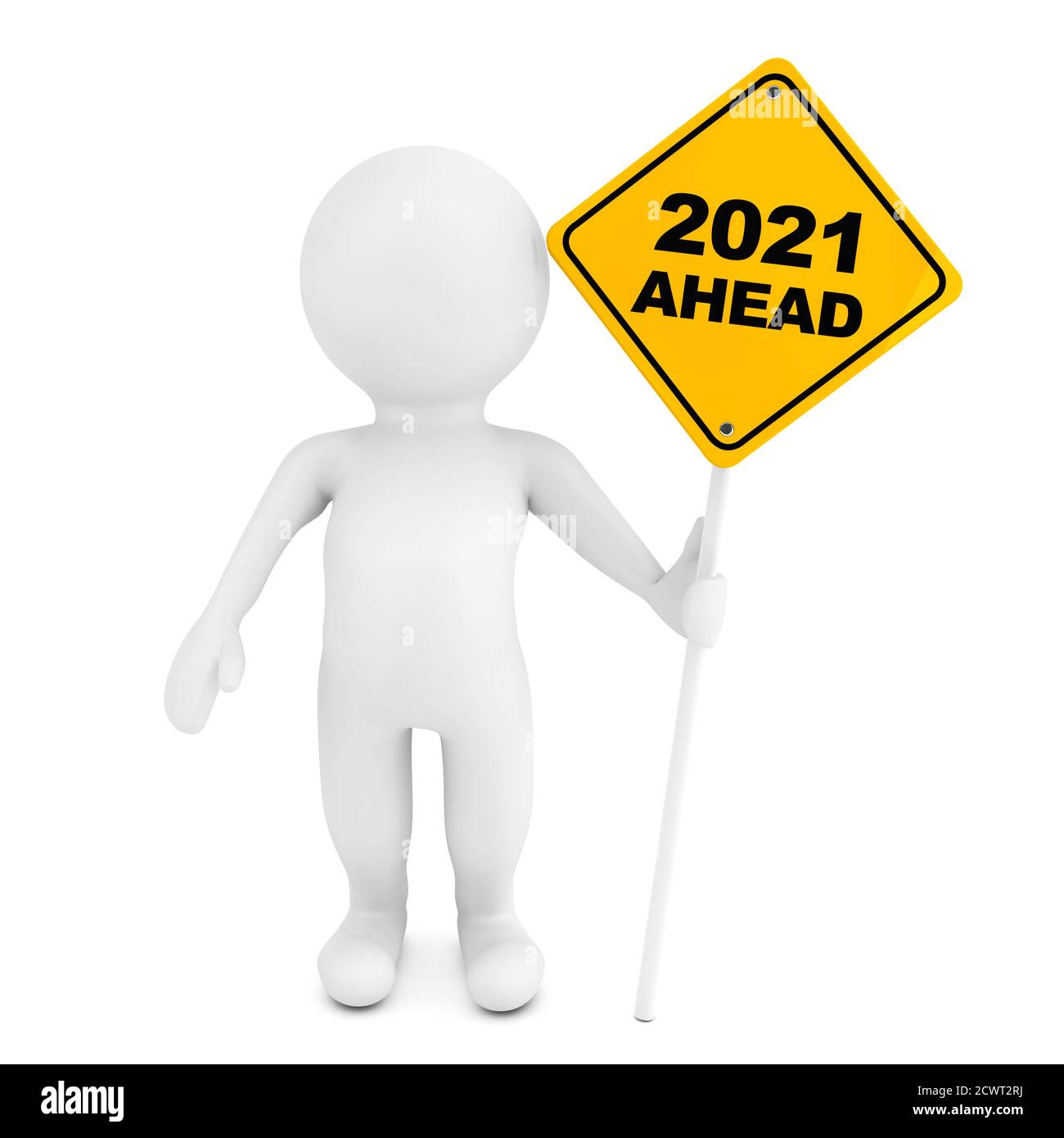 3d-Person mit 2021 voraus Verkehrszeichen auf weißem Hintergrund. 3d-Rendering Stockfoto