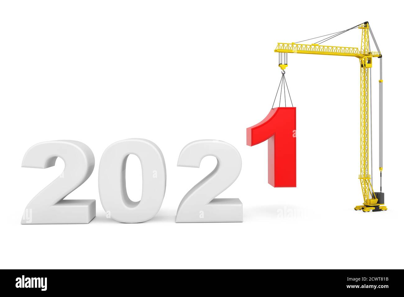 Entwickeln Sie das Zukunftskonzept. Turmdrehkrane mit 2021-Jahres-Zeichen auf weißem Hintergrund. 3d-Rendering Stockfoto