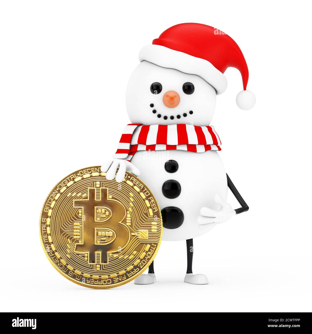 Schneemann in Weihnachtsmann Hut Zeichen Maskottchen mit Digital und Kryptowährung Golden Bitcoin Münze auf weißem Hintergrund. 3d-Rendering Stockfoto