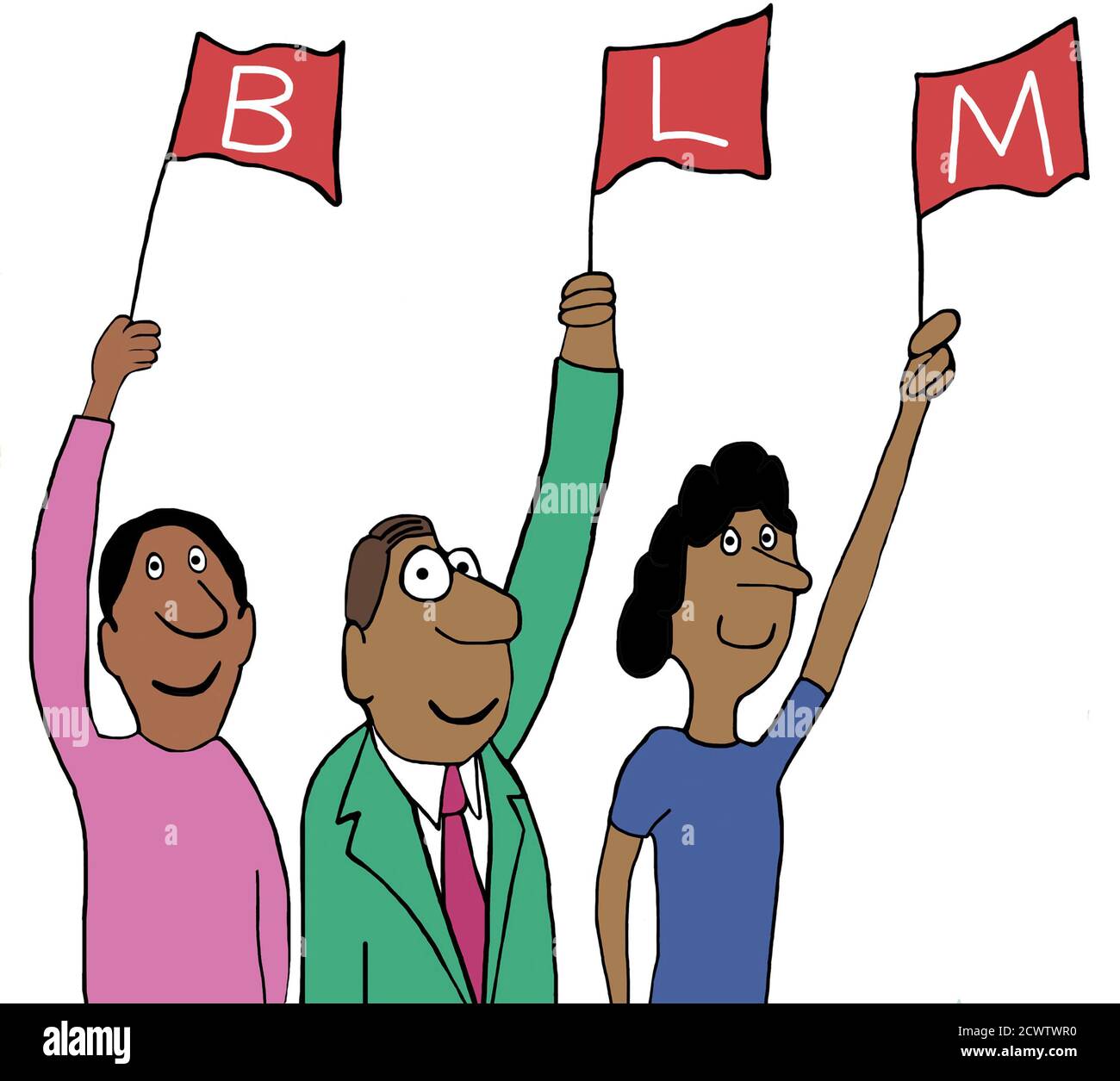 Farbige Karikatur von drei Afroamerikanern mit Fahnen, die BLM buchstabieren, Schwarze Leben Materie. Stockfoto