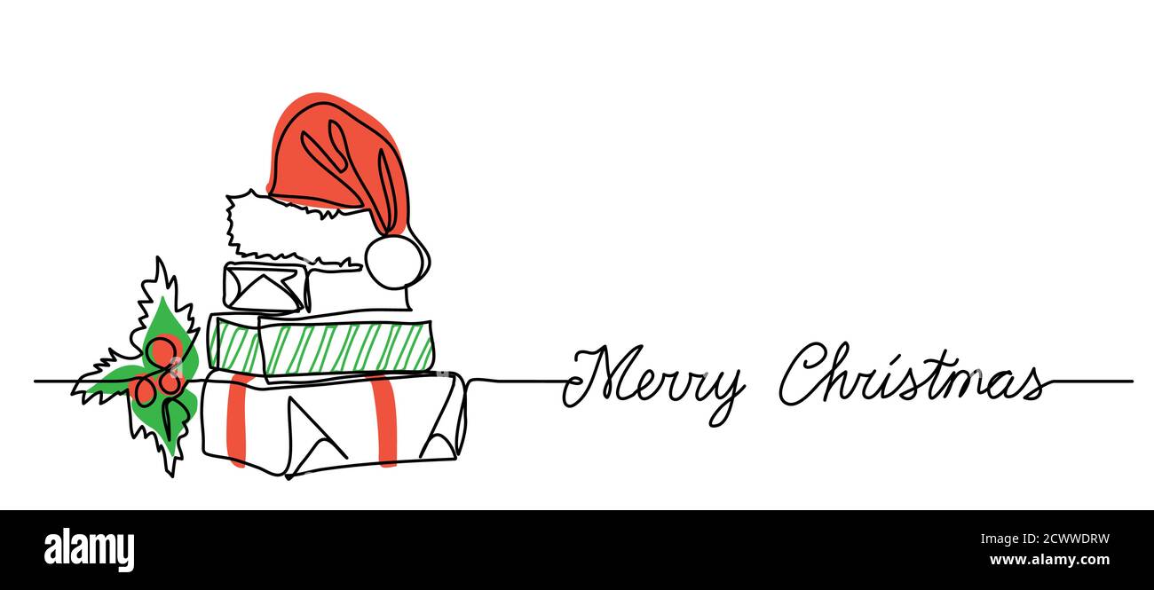 Weihnachtsbanner mit Geschenkbox Geschenkpaket Stapel. Eine fortlaufende Linienzeichnung mit Grußtext Frohe Weihnachten. Einfache Illustration, Hintergrund mit Stock Vektor
