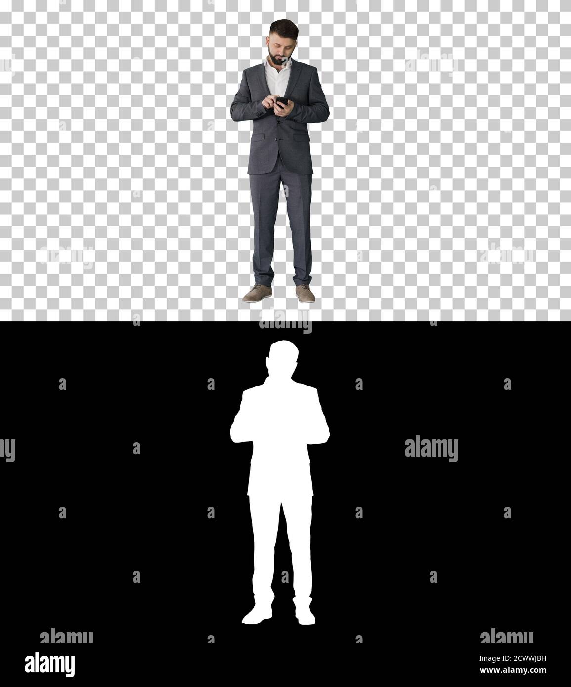 Turk Geschäftsmann SMS auf seinem Handy, Alpha Channel mit Silho Stockfoto