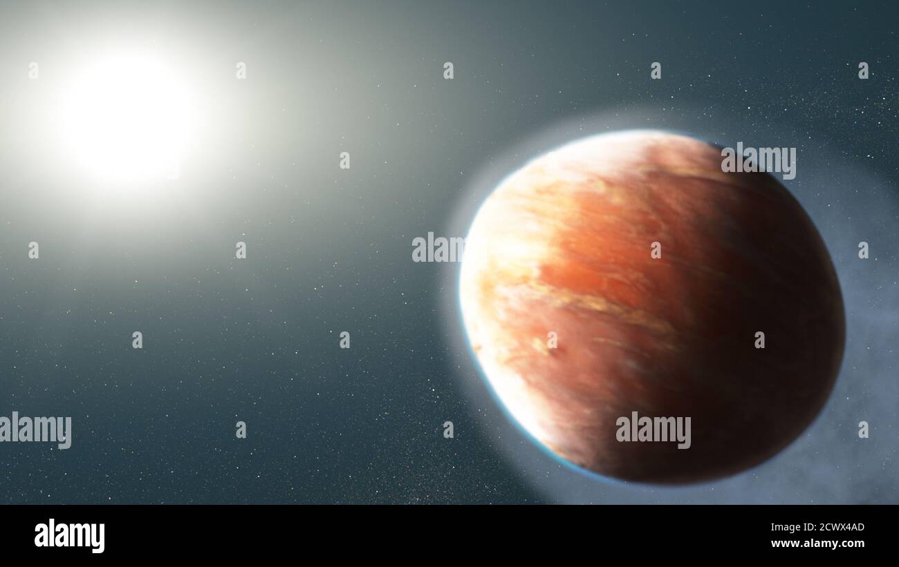 Too Hot and Too Close for Comfort Diese Künstlerillustration zeigt eine fremde Welt, die Magnesium und Eisengas aus ihrer Atmosphäre verliert. Die Beobachtungen stellen das erste Mal dar, dass sogenannte "Schwermetalle" – massereichere Elemente als Wasserstoff und Helium – aus einem heißen Jupiter, einem großen gasförmigen Exoplaneten, der sehr nahe an seinem Stern umkreist, entweichen. Der Planet, bekannt als WASP-121b, umkreist einen Stern heller und heißer als die Sonne. Der Planet ist so gefährlich nahe an seinem Stern, dass seine obere Atmosphäre eine lodernde 4,600 Grad Fahrenheit erreicht, etwa 10 mal größer als jeder kno Stockfoto