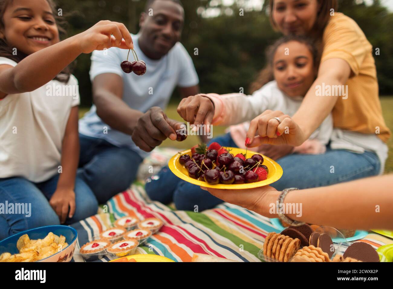 Familie essen frische Kirschen auf Picknick-Decke im Park Stockfoto