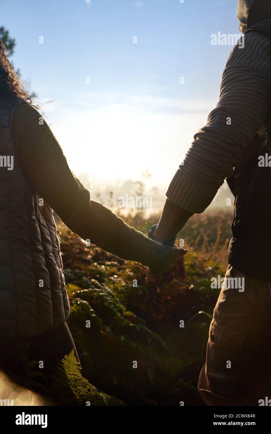 Zärtliches Paar, das Hände in sonniger Natur hält Stockfoto